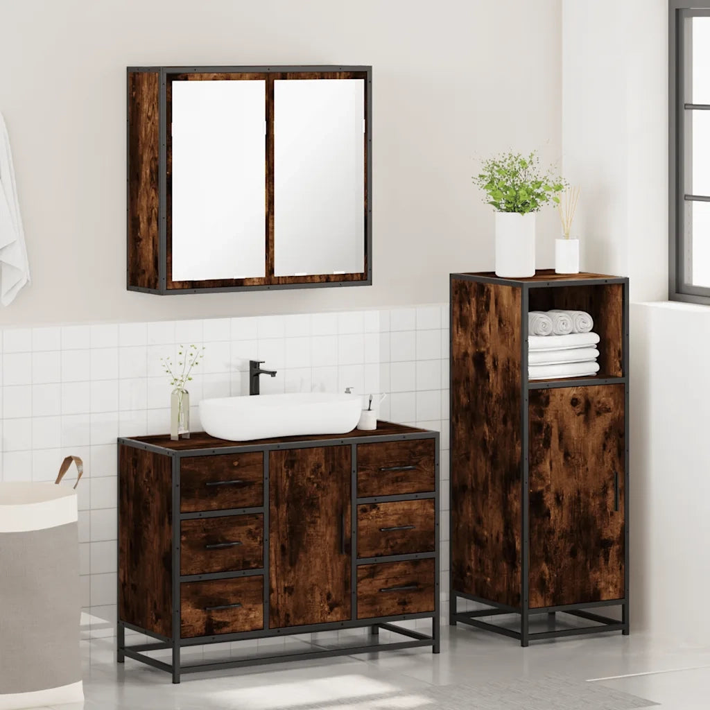 Set Mobili da Bagno 3 pz Rovere Fumo in Legno Multistrato 3300962