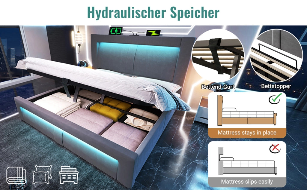 Letto contenitore matrimoniale 140 × 200 cm con LED regolabile, USB, Type-C e materasso, velluto grigio