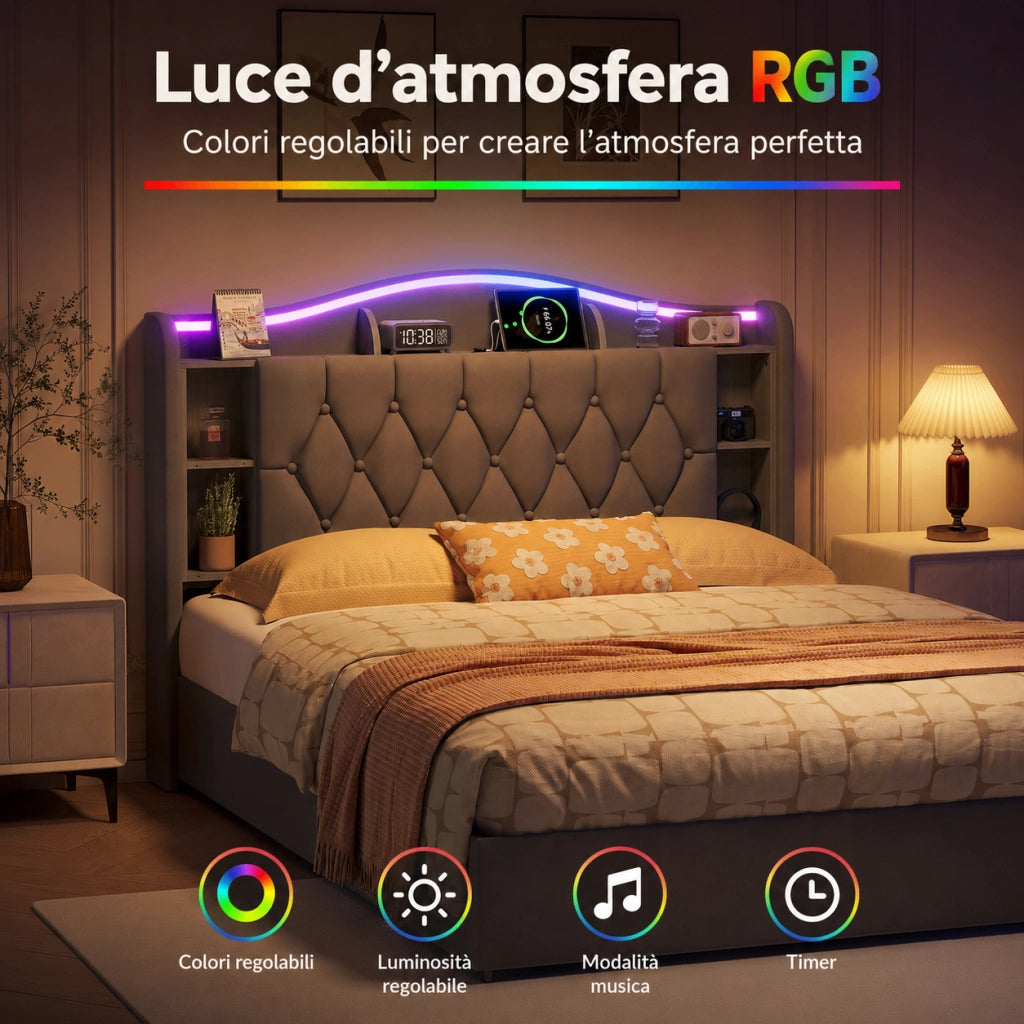 Letto matrimoniale con contenitore idraulico 160x200cm, testiera velluto grigio, luci LED RGB, ricarica USB‑wireless, scomparti porta‑oggetti