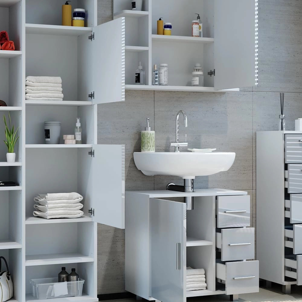 Set mobili bagno Ilias, Bianco lucido, 60 cm, composto da mobile lavabo, pensile a specchio, colonna e base media