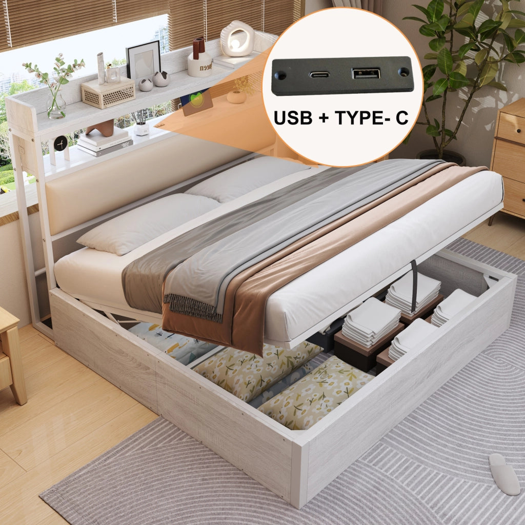 Letto Contenitore 180x200 cm; Matrimoniale - USB; Testiera con ripiano; Bianco
