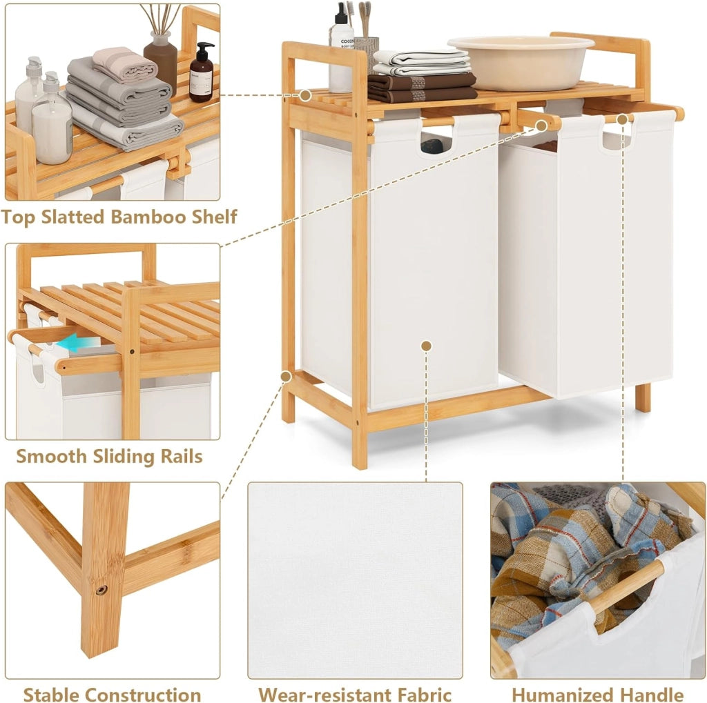 Armadietto per la biancheria con 2 cesti per la biancheria, 2 scomparti e ripiano, in bambù, per il bagno, 64 x 33 x 73 cm (Bianco)