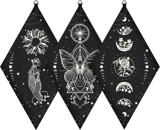 Decorazioni per parete in legno Boho nero 3 pezzi con fiori farfalle mani tarocchi motivi