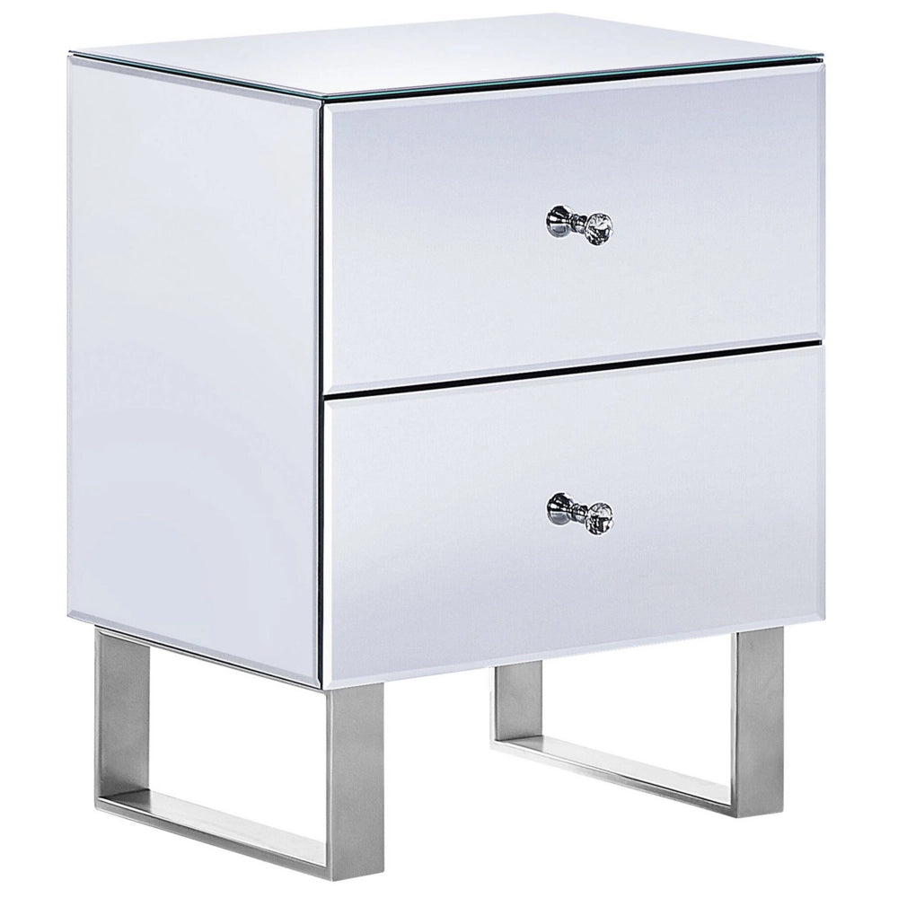 Comodino 2 Cassetti Pomello Cristallo Specchiato Vetro Argento Base A Slitta Contenitori Glam