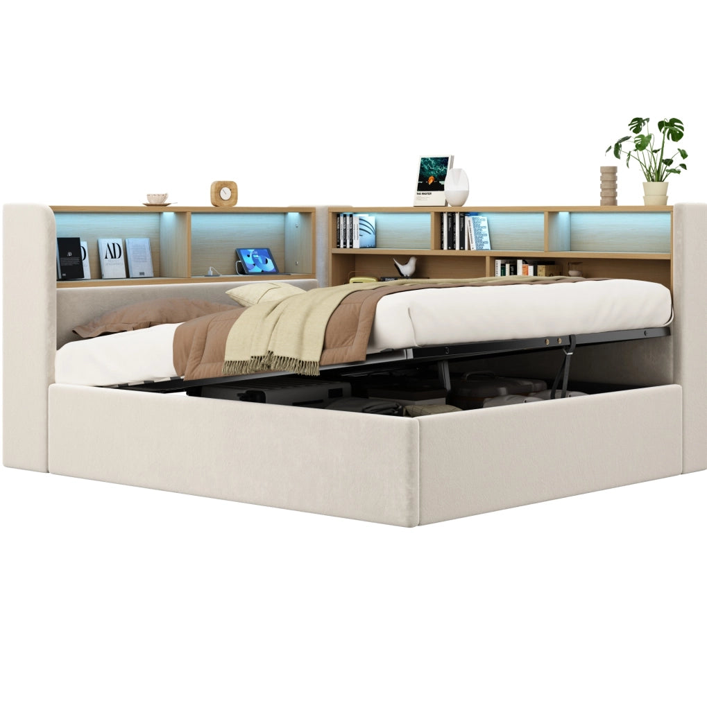 Letto imbottito con contenitore idraulico; LED; USB Type-C; velluto beige