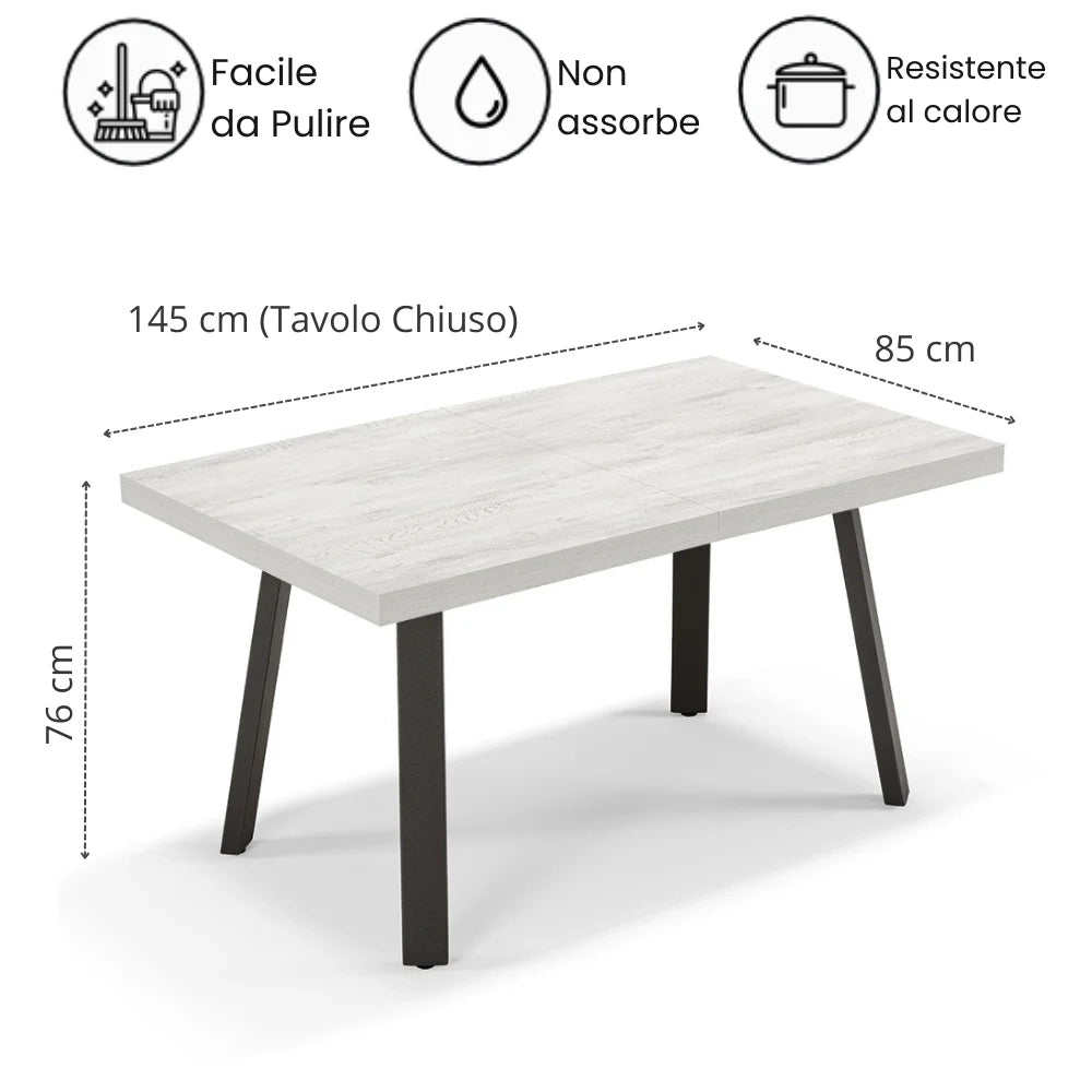 Tavolo allungabile da pranzo Quercia Bianco 145x85 modello MIRO’ fino a 195 CM per sala da pranzo, cucina e soggiorno, design moderno con top in melaminico