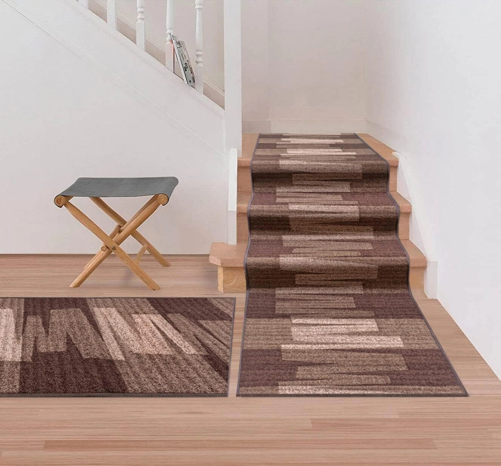 Passatoia Scala Bordata 67x450 cm Ingresso Corridoio Tappeto Cucina Gradini Zig Zag Marrone