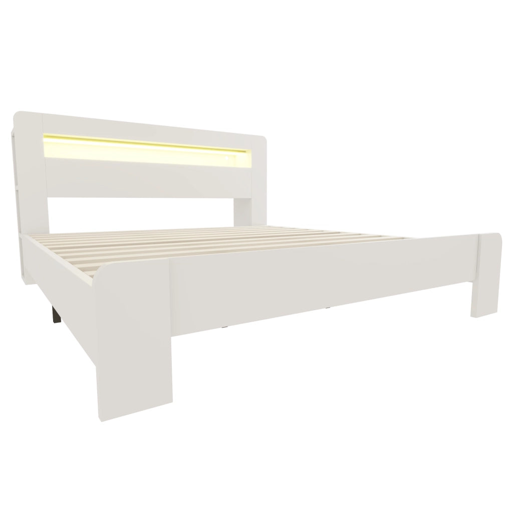Letto Matrimoniale 180x200 cm; con Mensole; LED e prese integrate in Legno Bianco