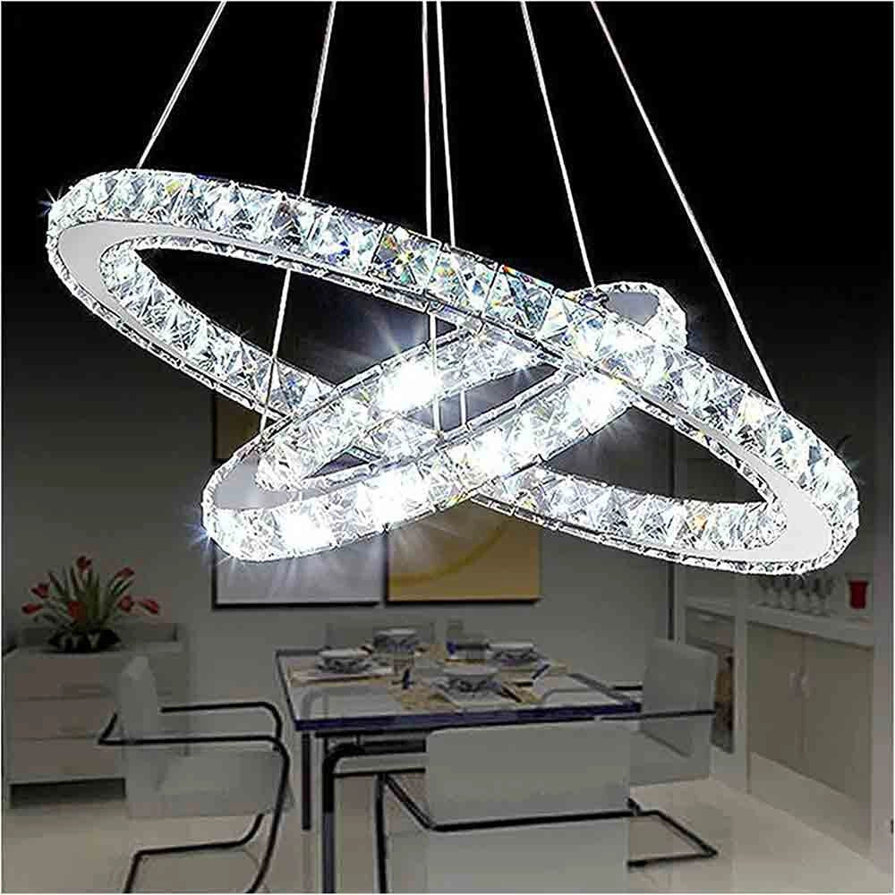 Trade Shop - Lampadario A Led 46 Watt A Sospensione Da Soffitto Cct Con 2 Anelli Cristalli B49-3c -