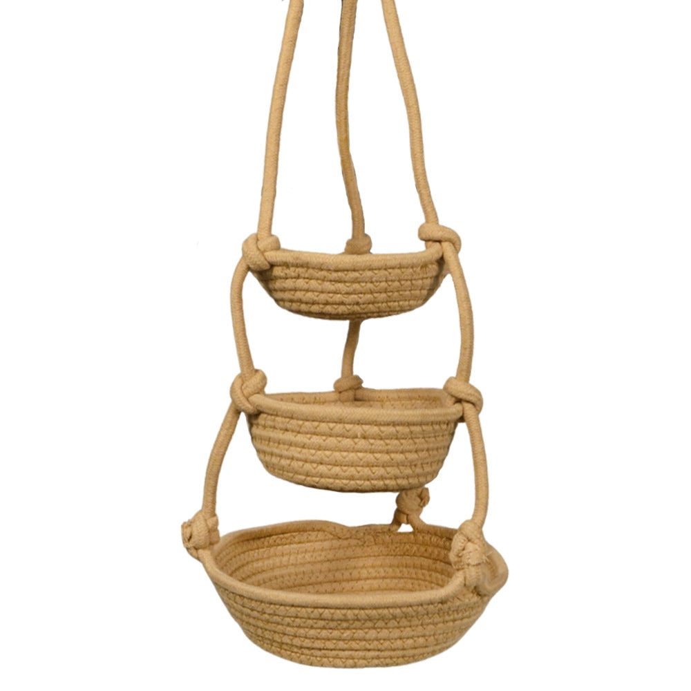 Vaso Pensile Triplo in Corda Beige Porta Piante Sospeso h70 cm