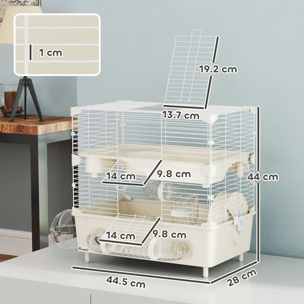 Gabbia per Criceti a 2 Livelli 44,5x28x44 cm 3 Porte Ruota e Tubi in Acciaio e PP Crema e Bianco