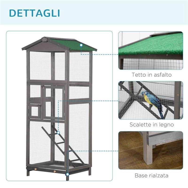 GABBIA PER UCCELLI ALTA 165CM IN LEGNO DA ESTERNO CON 2 PORTE E VASSOIO ESTRAIBILE 68X63X165 CM GRIGIO CHIARO