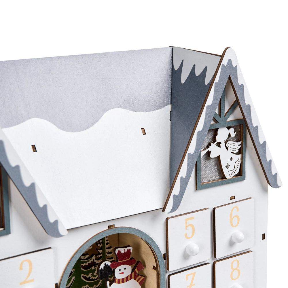 Accogliente decorazione natalizia a LED con figurine a forma di casetta in legno Calendario dell'Avvento bianco