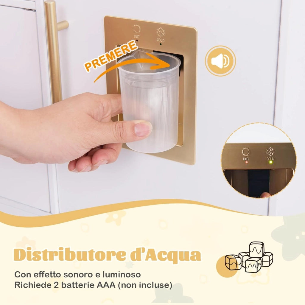 Cucina Giocattolo per Bambini, Cucina per Bambini in Legno con Forno, Microonde, Macchina da Caffè, Macchina del Ghiaccio, Lavello e Rubinetto, con Luci e Suoni per Bambini di 3+ Anni (Bianco)