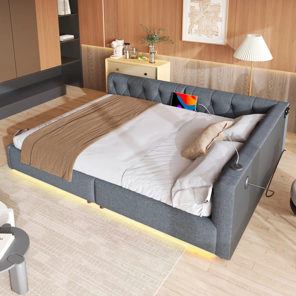 Divano letto con rete a doghe in lino grigio 140x200 cm