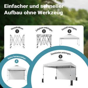 Gazebo pieghevole pop-up bianco, 3 x 3 m con parete laterale e ruote