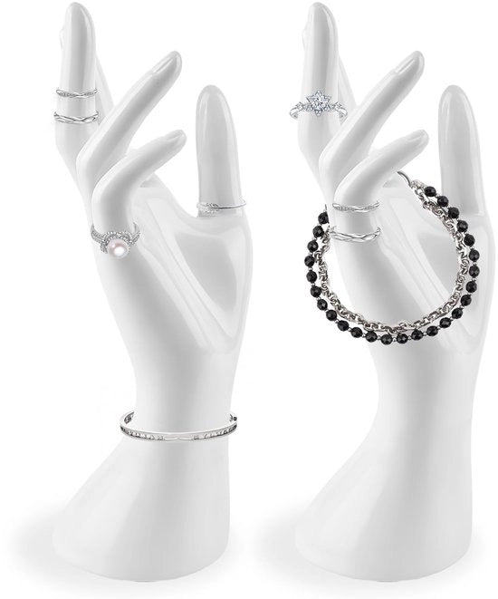 Display stand per bracciale, 2 pezzi display stand per gioielli a forma di mano, display stand per gioielli, modello di mano femminile, display stand per anelli, display per anelli e bracciali, display stand per catene e bracciali (bianco)