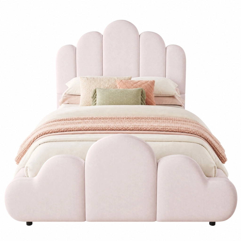 Letto singolo imbottito 90x200 cm in velluto rosa con testiera arrotondata e rete inclusa