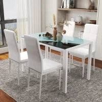 Set 5 Pezzi con 1 Tavolo e 4 Sedie per Cucina o Sala da Pranzo in Finta Pelle, Metallo e Vetro Temperato, Bianco