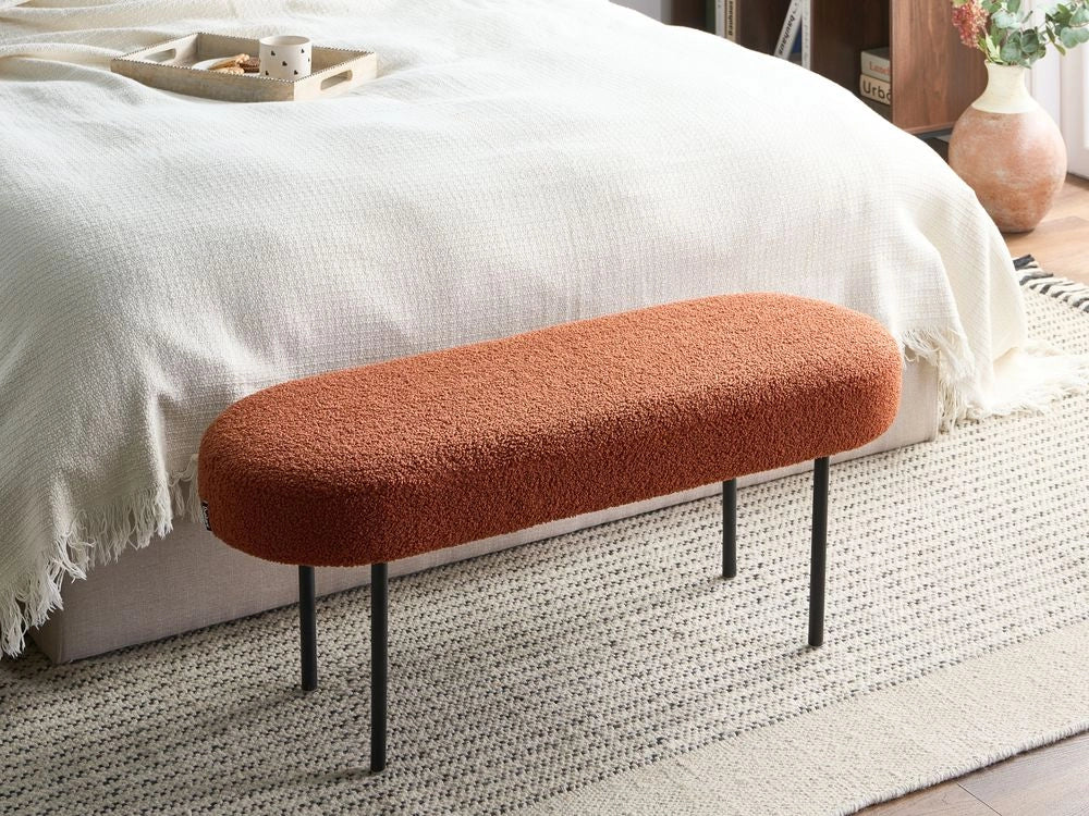Panca Boucle con gambe in metallo, seduta ovale imbottita, stile cottage retrò, marrone dorato