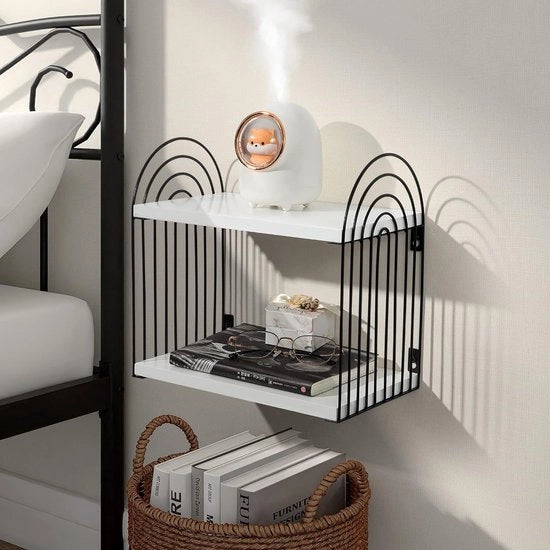 Shelf, bianco, legno, nero, metallo, comodino notturno, 2 livelli, mensola sospesa, parete, moderno, camera da letto, bagno, soggiorno, cucina