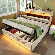 OKWISH Letto Contenitore 140×200 cm, Letto Matrimoniale con LED 360°, USB, Tipo C e Testiera con Vano Portaoggetti, senza Materasso, Lino, Beige
