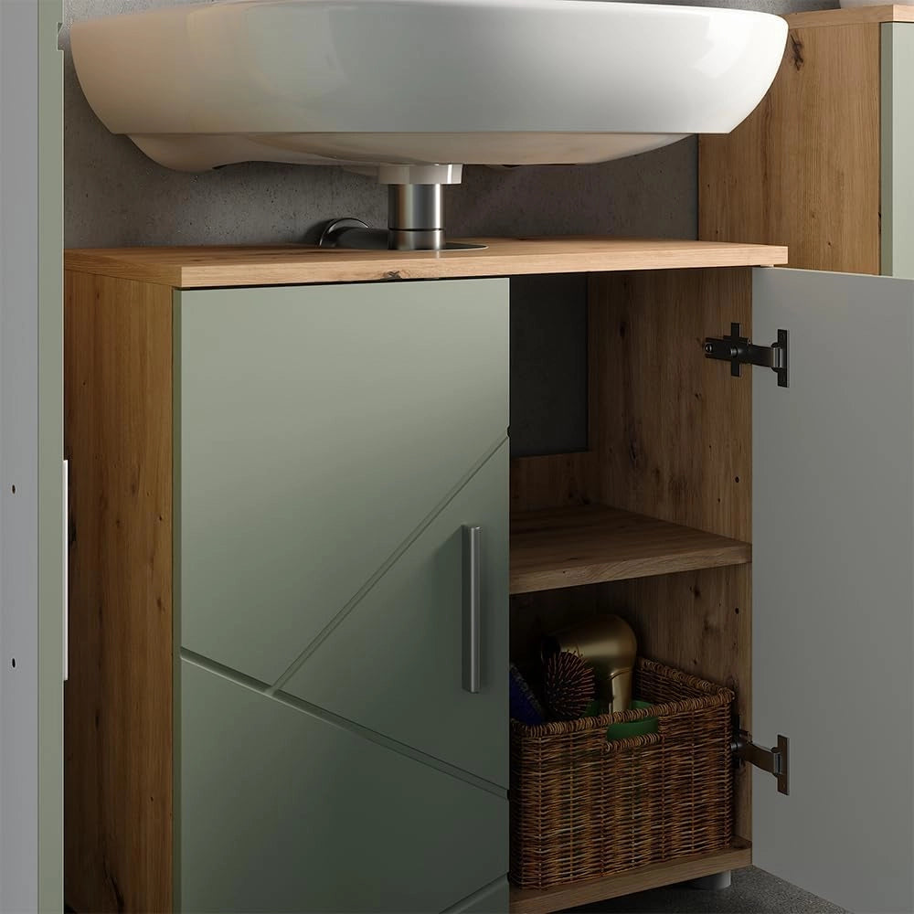 Set di mobili da bagno Irma, Verde salvia, 60 cm, composto da mobile lavabo, pensile a specchio, colonna e base media