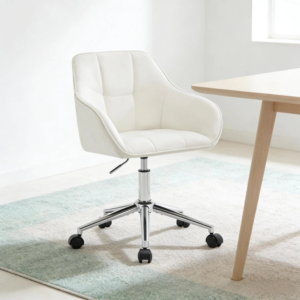 SEDIA da Ufficio Girevole Regolabile in Altezza Velluto Bianco Crema