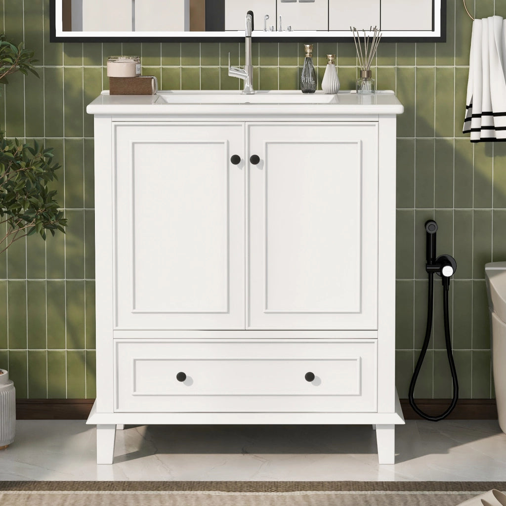 Mobile sottolavabo da bagno con lavabo in ceramica, 2 ante, 1 cassetto e ripiano regolabile, bianco, 76 × 46 × 87 cm