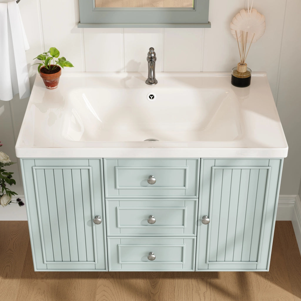 Mobile sottolavabo sospeso con lavabo in ceramica, 3 cassetti e vano laterale, per bagno, verde, 78,5 × 46 × 46,8 cm