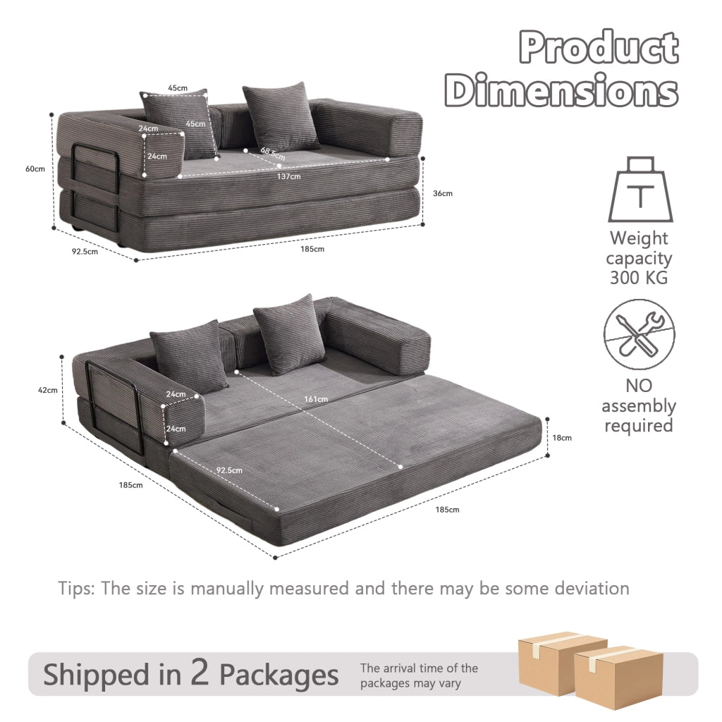 Divano letto pieghevole a pavimento con braccioli e schienale in velluto a coste grigio scuro 185 × 92,5 × 60 cm