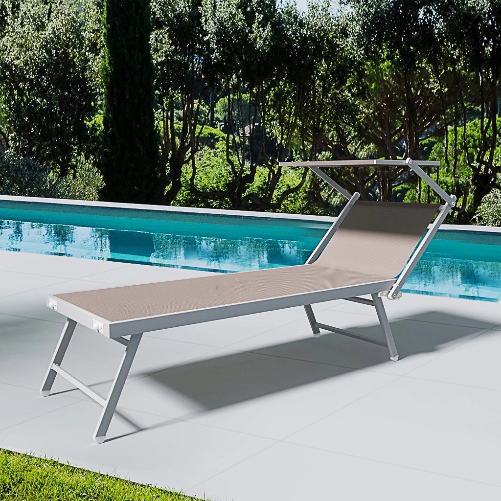 Lettino Prendisole Pieghevole Professionale In Alluminio Tessuto Textilene 720 gr/m² Tettuccio Orientabile Parasole Sdraio Prendi Sole Mare Spiaggia Piscina Giardino 182 x 60 x 38 cm (Tortora)