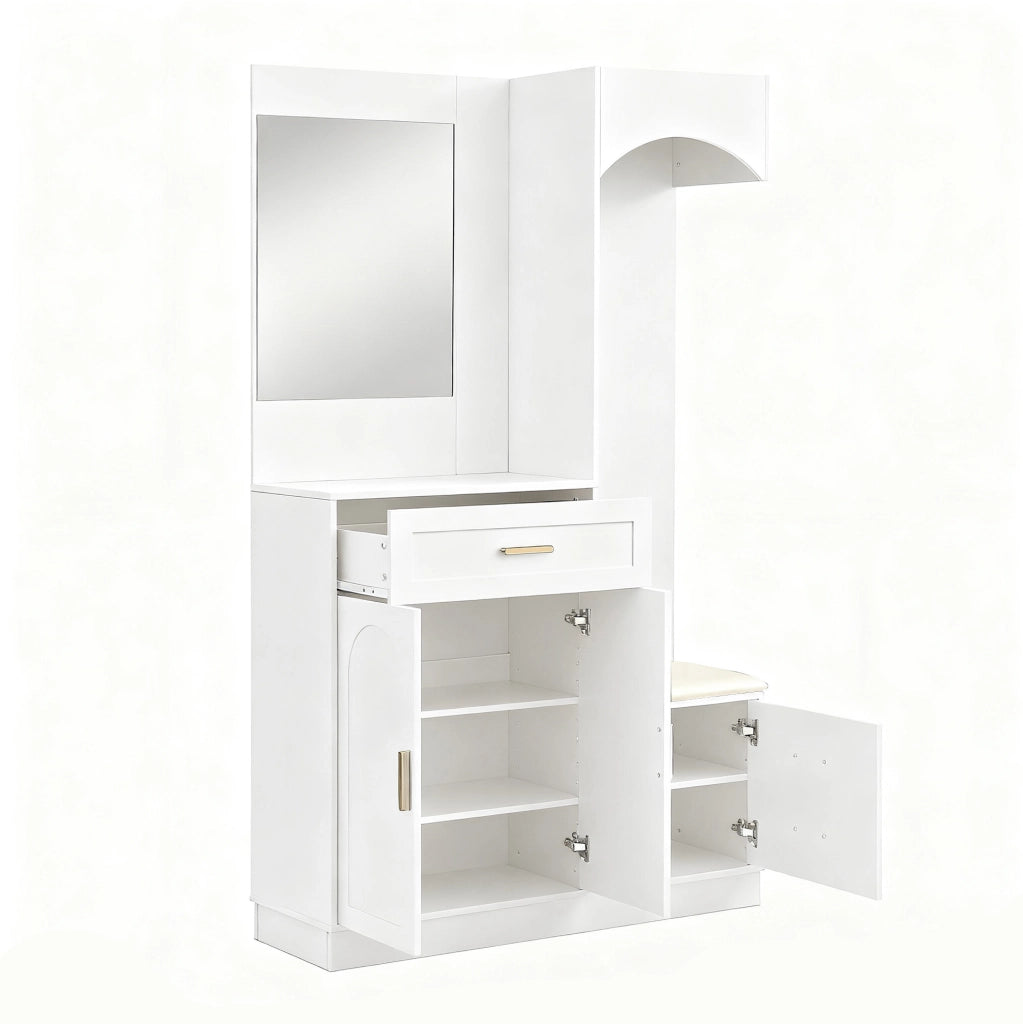 Mobile da ingresso compatto 110x33x185，5 cm bianco in MDF con specchio e panca