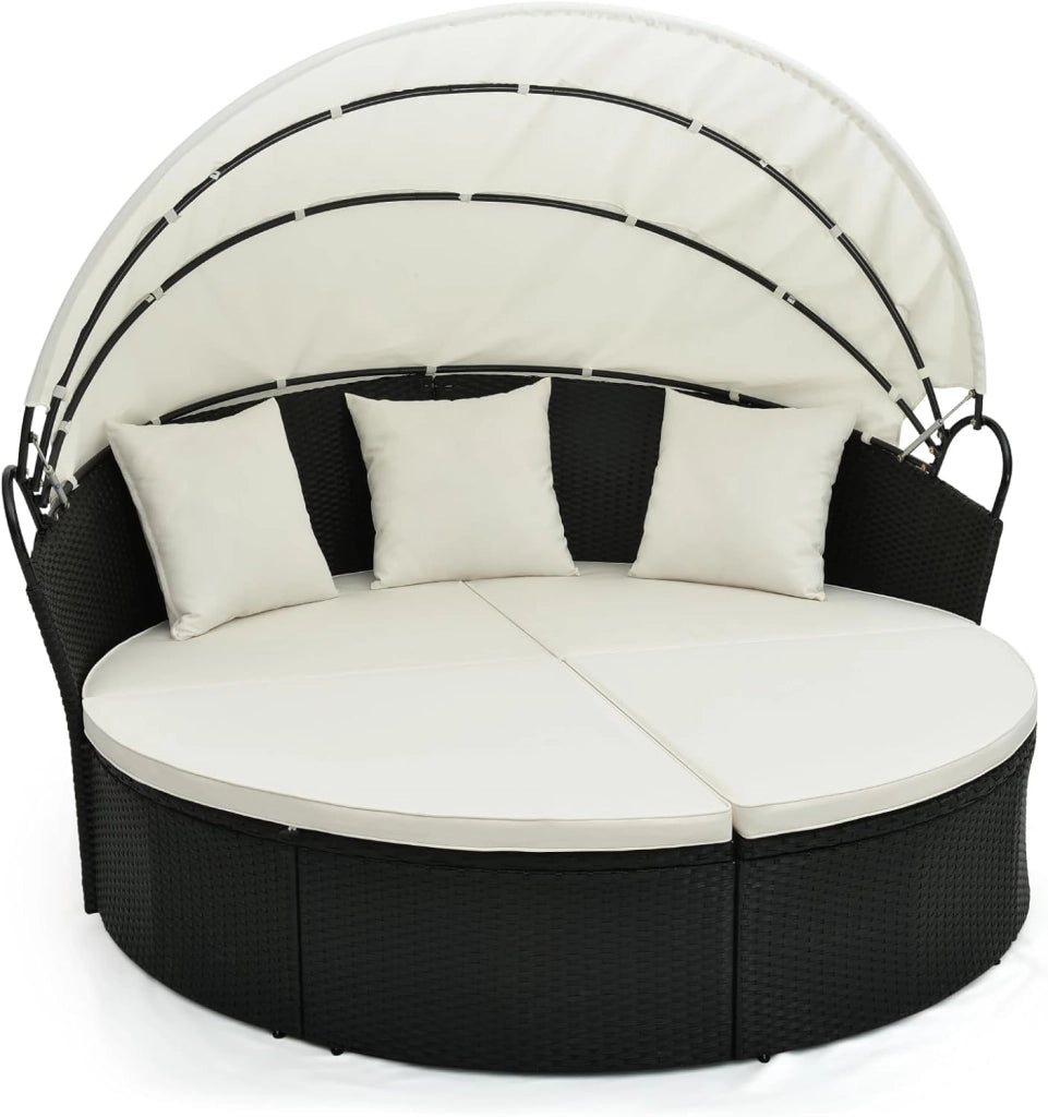 2 in 1 Isola Prendisole da Giardino per 2 Persone, Lettino Prendisole in Rattan con Tettuccio Retrattile, Divanetto Letto da Esterno con Cuscini per Terrazzo Balcone, 187x180x157 cm (Grigio)