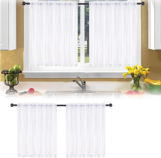 Vetrata 2 pezzi - Cortine da cucina - Bianco 76 x 60 cm - Semitrasparente - Privacy/Luce trasparente - Poliestere - Cortine