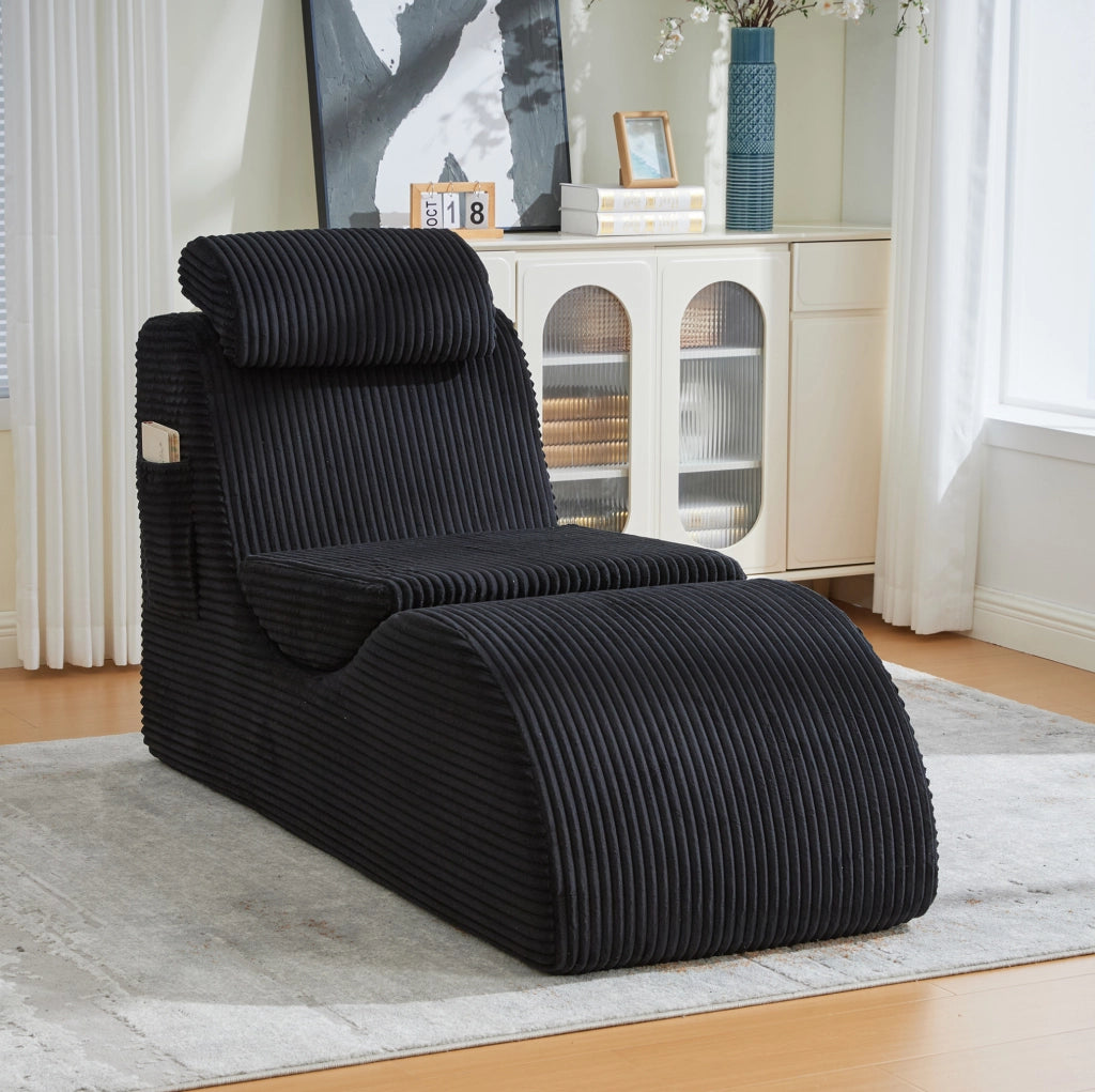 Poltrona singola moderna in velluto a coste nero; 160x66x90 cm; con cuscino rimovibile e tasca laterale