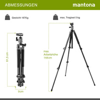 Mantona Basic Scout Treppiede fotografico , treppiede per fotocamera fino a 144 cm, con robusta testa a sfera, livella a bolla, colonna centrale reversibile, 17990, altezza di lavoro: 142 cm
