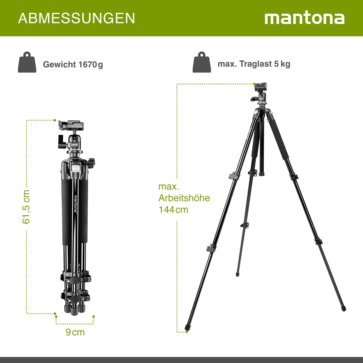 Mantona Basic Scout Treppiede fotografico , treppiede per fotocamera fino a 144 cm, con robusta testa a sfera, livella a bolla, colonna centrale reversibile, 17990, altezza di lavoro: 142 cm