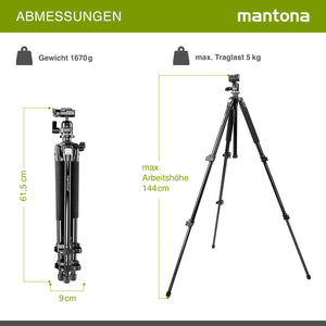 Mantona Basic Scout Treppiede fotografico , treppiede per fotocamera fino a 144 cm, con robusta testa a sfera, livella a bolla, colonna centrale reversibile, 17990, altezza di lavoro: 142 cm