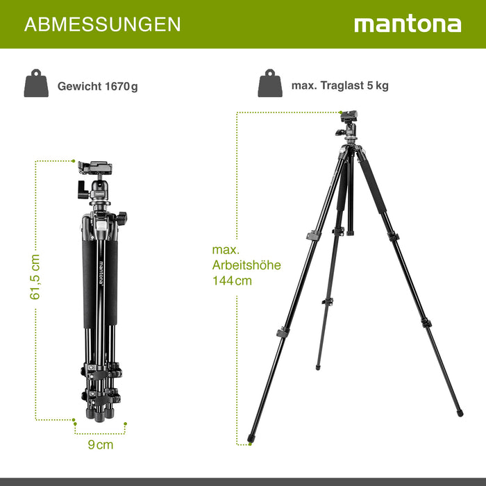 Mantona Basic Scout Treppiede fotografico , treppiede per fotocamera fino a 144 cm, con robusta testa a sfera, livella a bolla, colonna centrale reversibile, 17990, altezza di lavoro: 142 cm