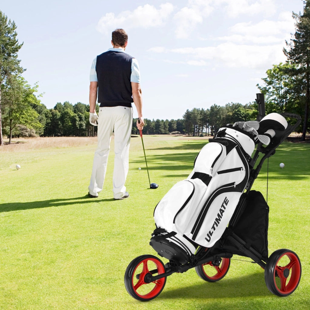 Carrello da golf a spinta con 3 ruote, Carrello pieghevole con borsa rivestita in alluminio cinghia Rosso-Golf