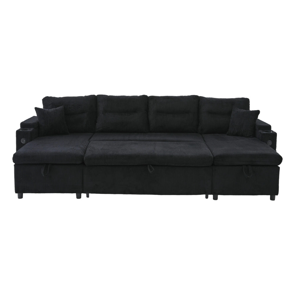 Divano a 4 posti con doppia chaise longue; contenitore; portabicchieri e USB Type-C; nero