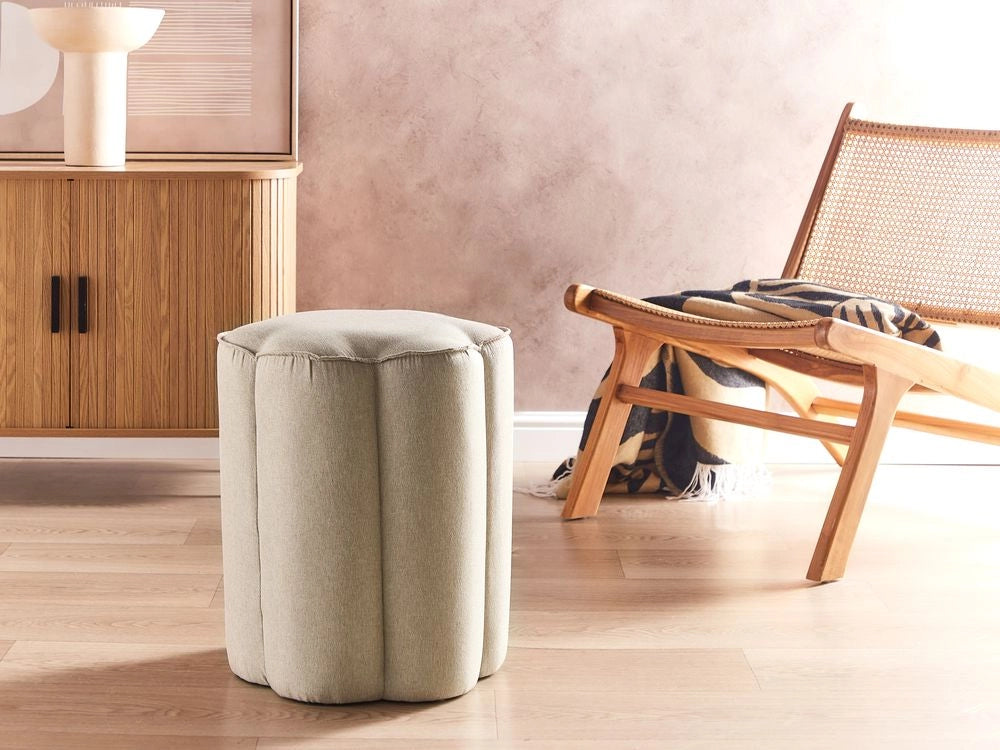 Pouf Beige Lino Rotondo 39 x 34 x 45 cm Pouf d'Accento Tappezzeria Soggiorno Moderno Camera da Letto Mobili