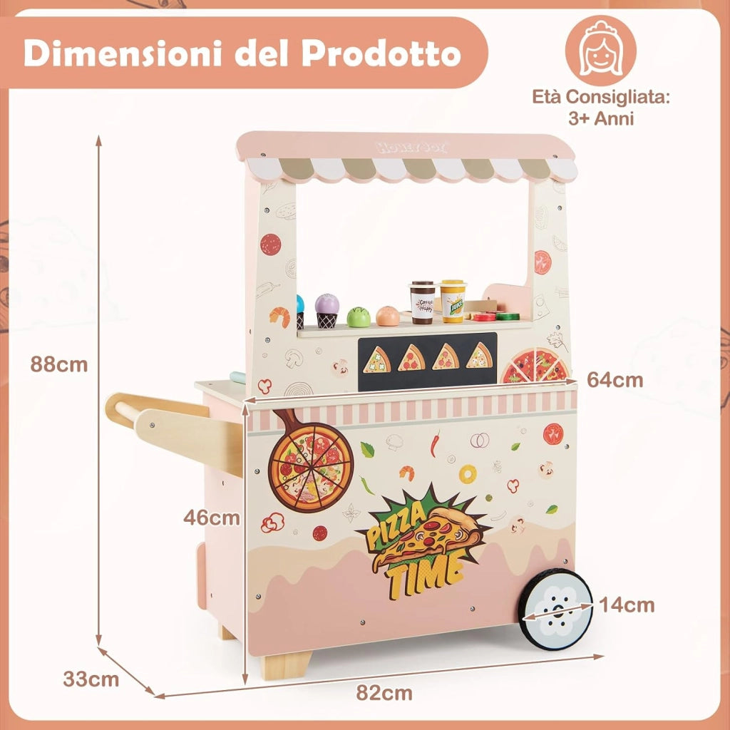 Carrello Pizza Giocattolo per Bambini, Carrello Gelato in Legno con Ruote, Distributore Automatico, Espositore e 41 Accessori, Centro Attività Montessori per Bambini 3+ Anni, 81 x 33 x 88 cm