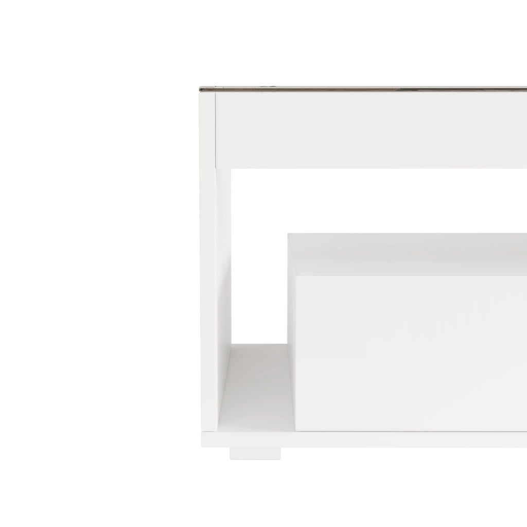 Tavolino da salotto 100x50x40 cm; LED integrata e 2 cassetti; ripiano in vetro temperato; truciolare; bianco