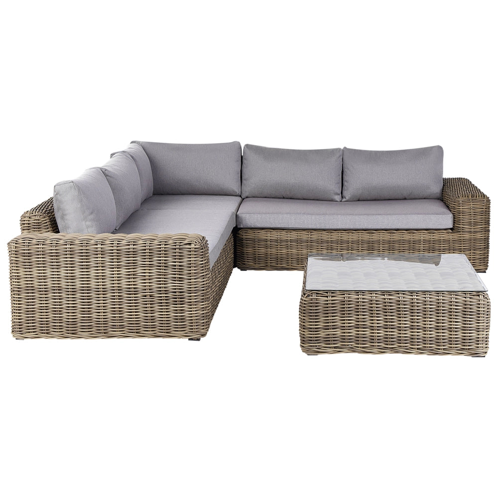 Set da giardino marrone chiaro in vimini spazzolato PE rattan divano angolare modulare con pouf cuscini grigi per esterni