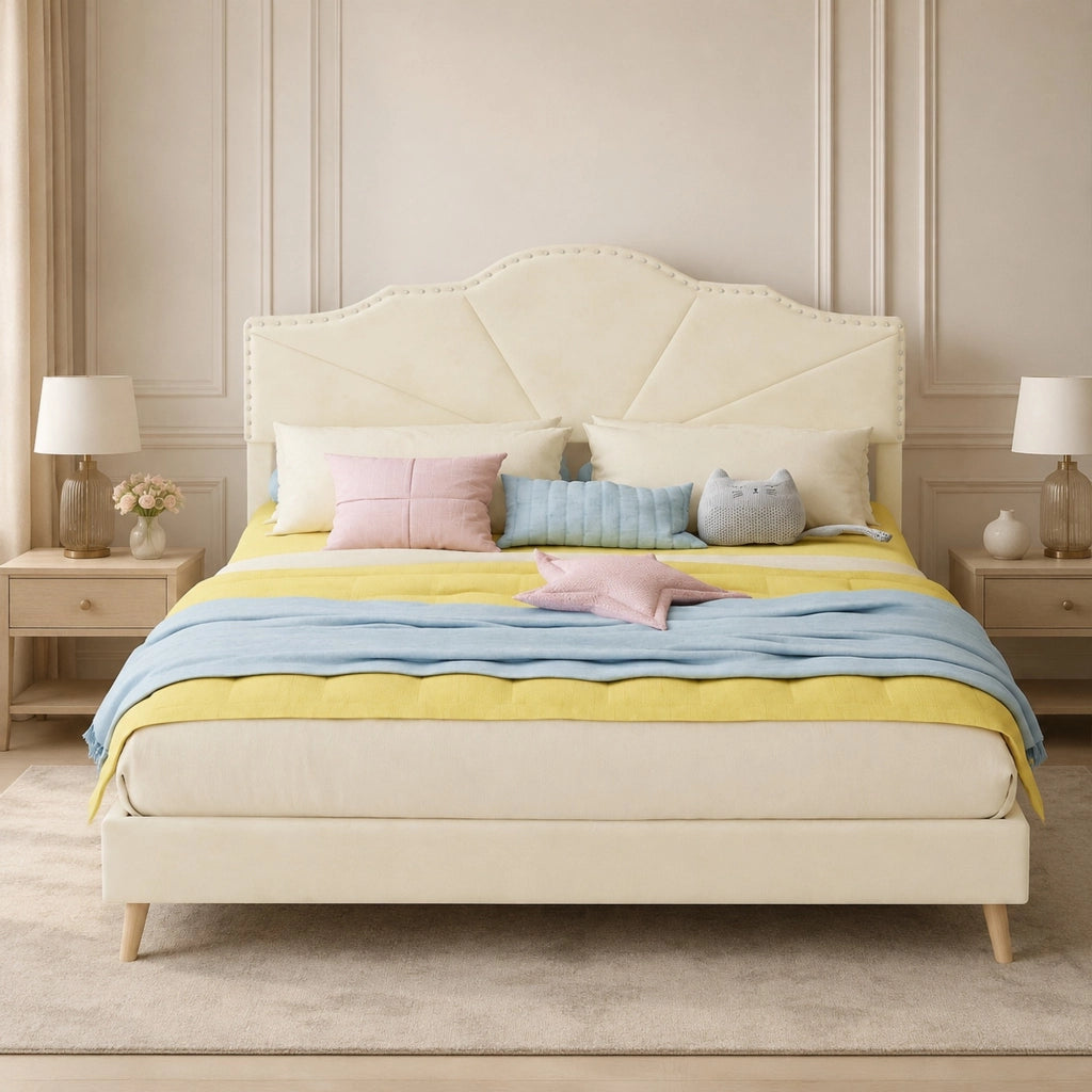 Letto imbottito con testiera geometrica 160 x 200 cm; rivestimento beige