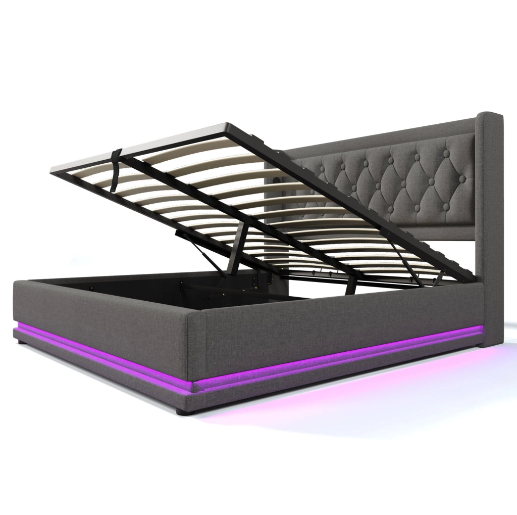 Letto 180x200 cm con contenitore idraulico, LED, USB e USB-C in cotone grigio
