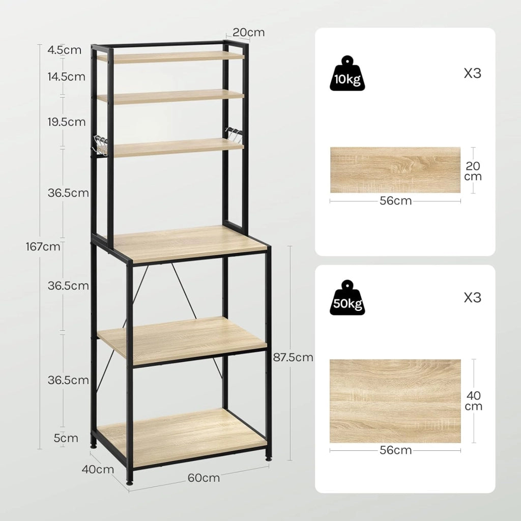 Scaffale da Cucina con 6 Ripiani, Scaffale per Microonde con 6 Ganci, Struttura in Metallo, Legno Ingegnerizzato, 60x40x167cm, Rovere Chiaro+Nero