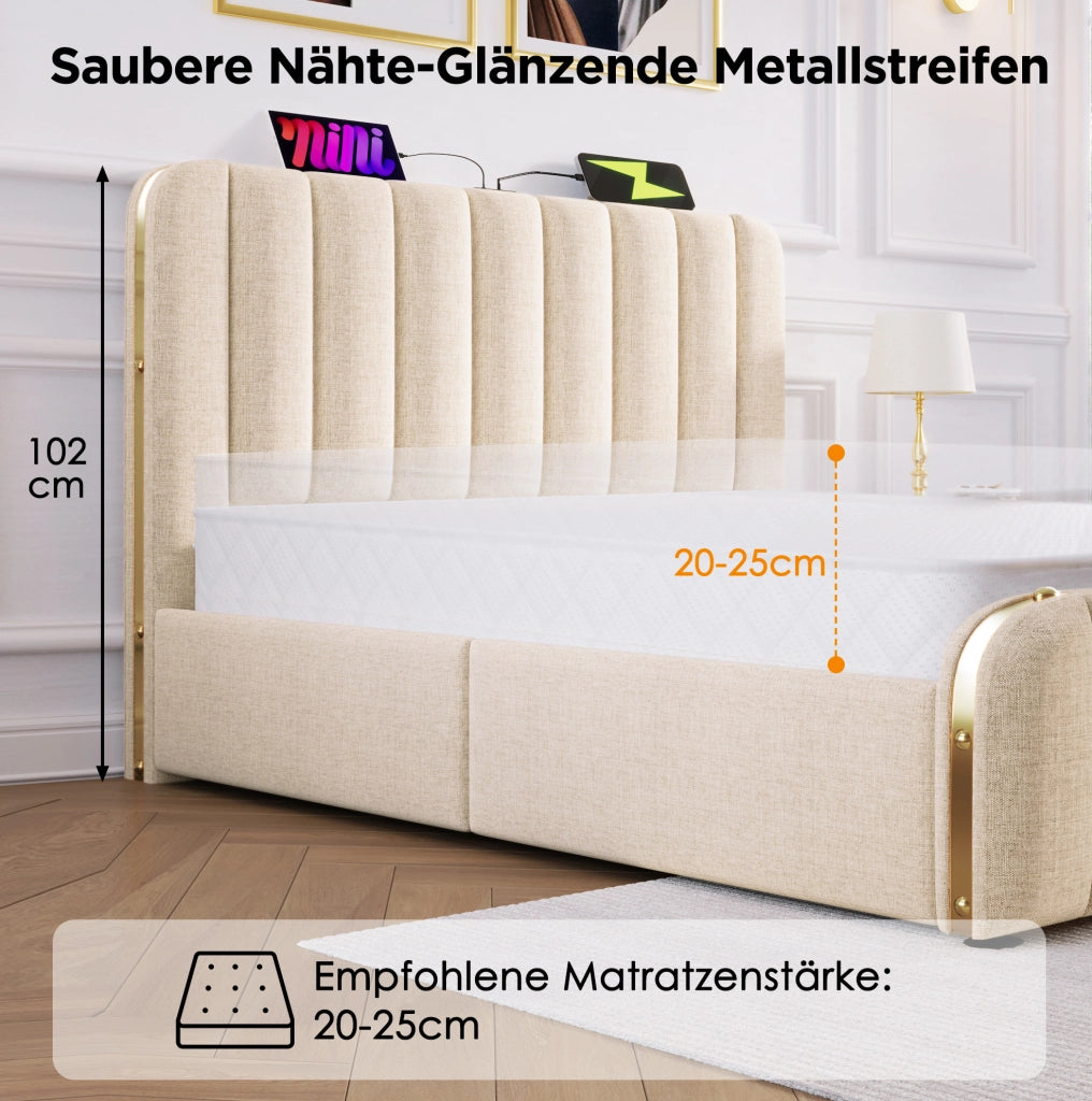 Letto matrimoniale 140x200 beige con materasso, USB-C e 4 cassetti